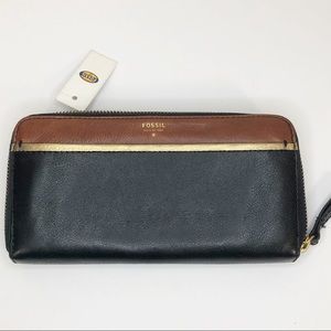 Fossil Tessa zip-around leather wallet black gold